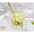 Hexagonal drinking glasses cup set with gold rim